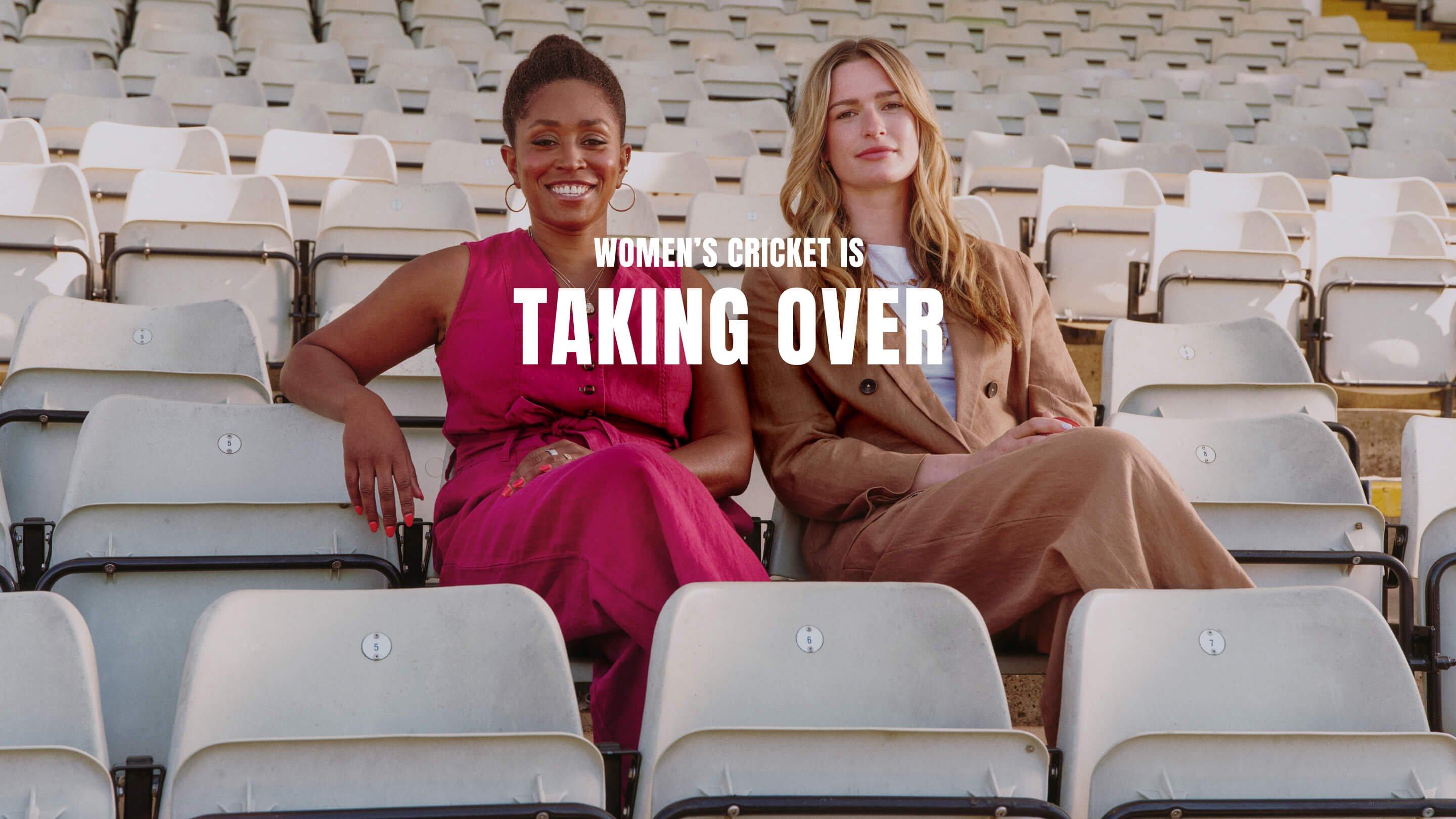 two women sitting in a row of empty seats with the words taking over