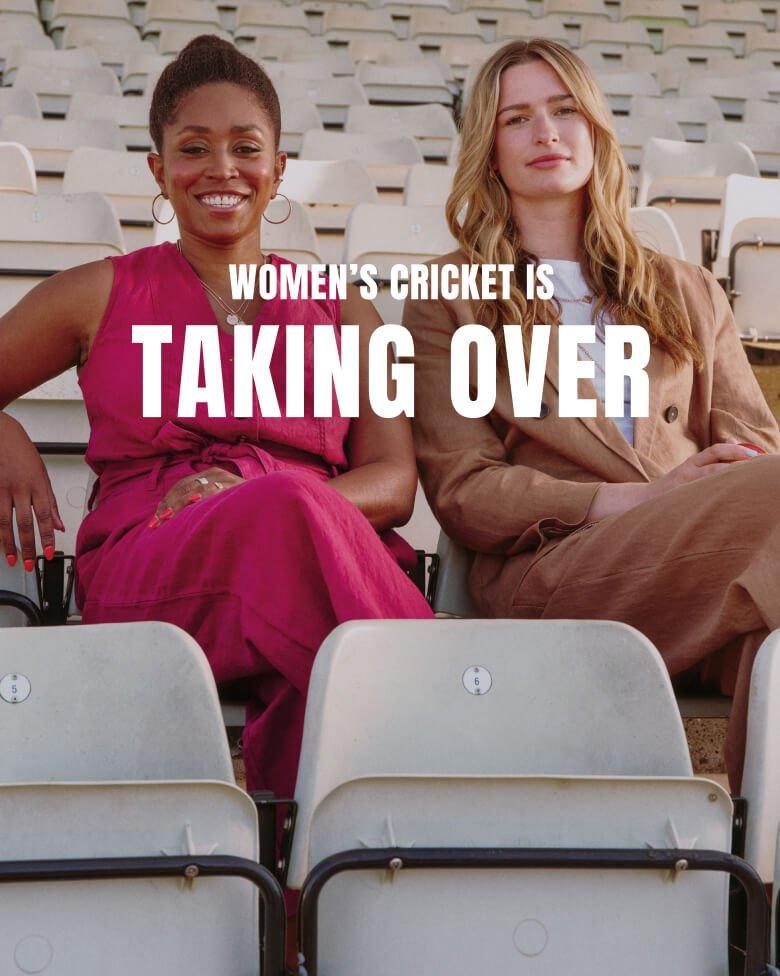 two women sitting in a row of empty seats with the words taking over