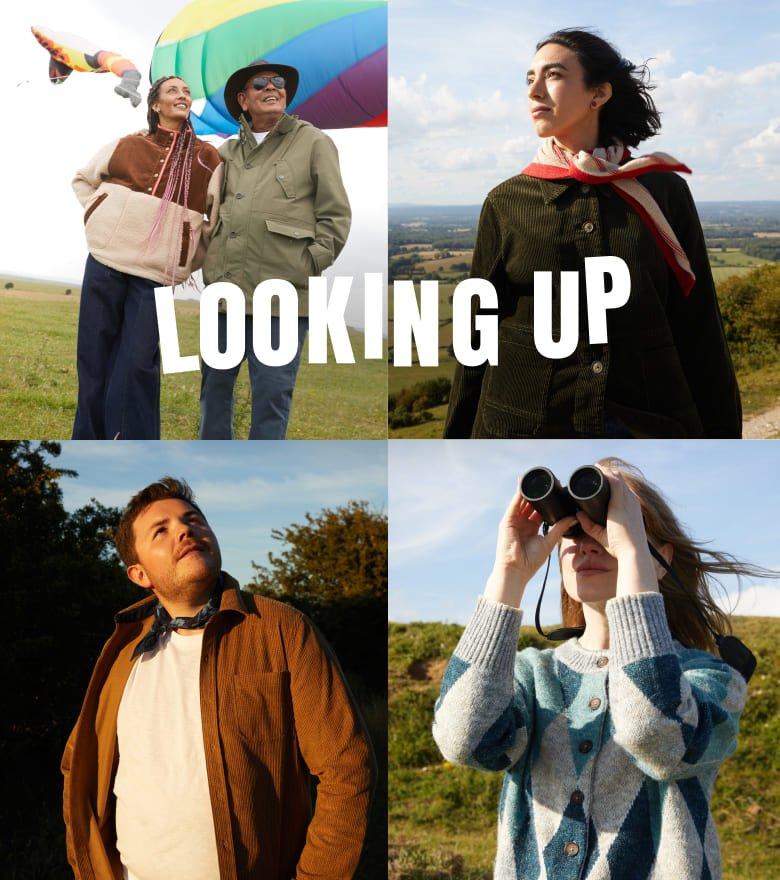 a collage of four pictures of people looking at the sky