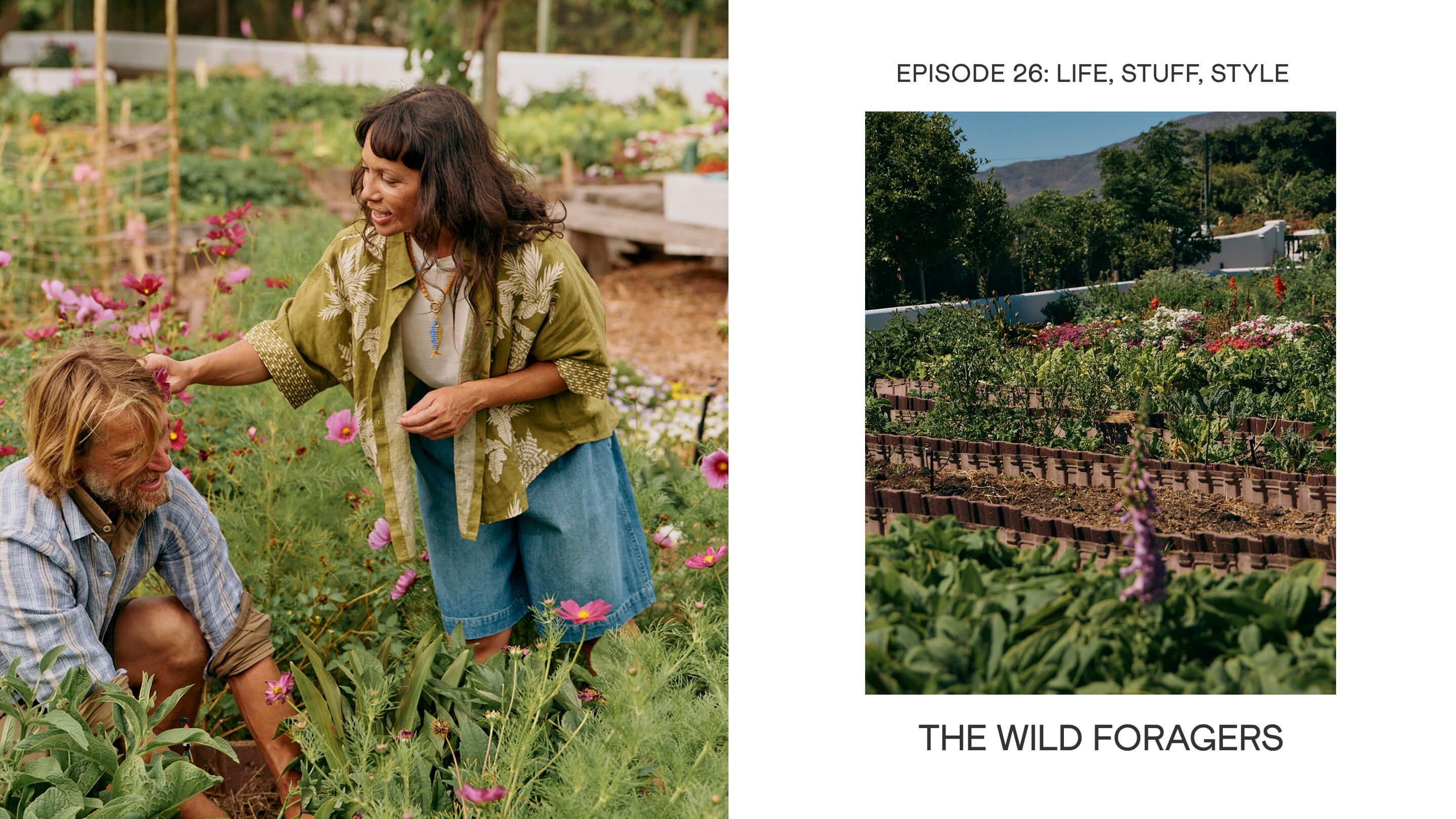 a man and woman in a garden with flowers and plants and text reading the wild foragers