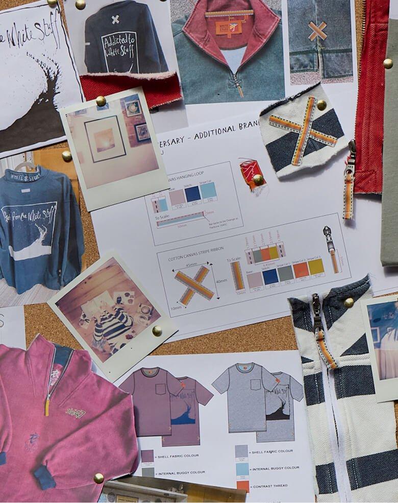 a bulletin board with a bunch of pictures and a bunch of clothes