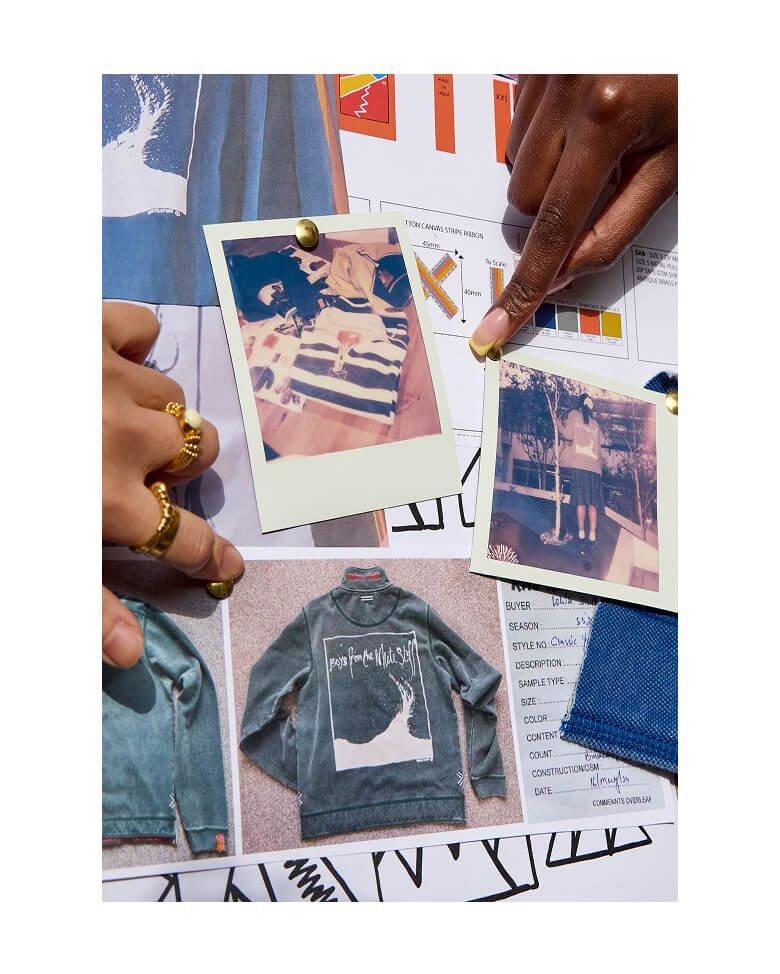 a person is holding a picture of a jacket and a pair of jeans