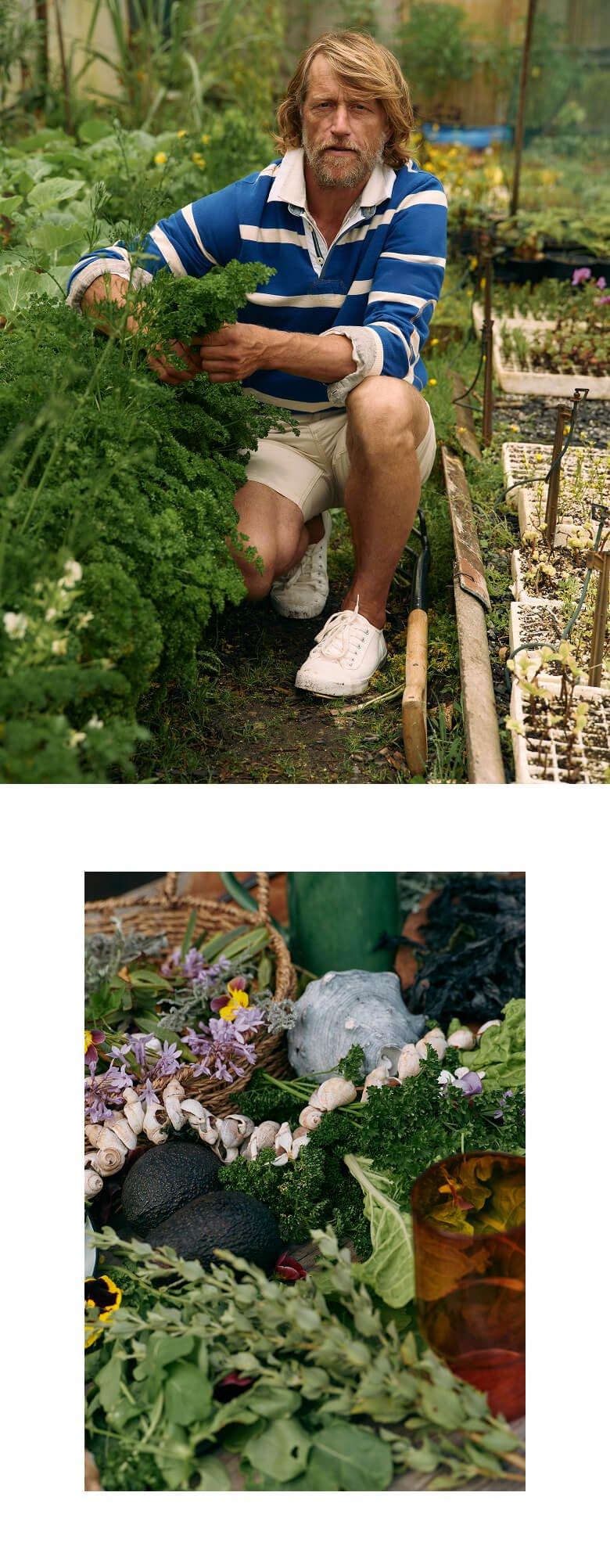 a man kneeling down in a garden with a bunch of plants
