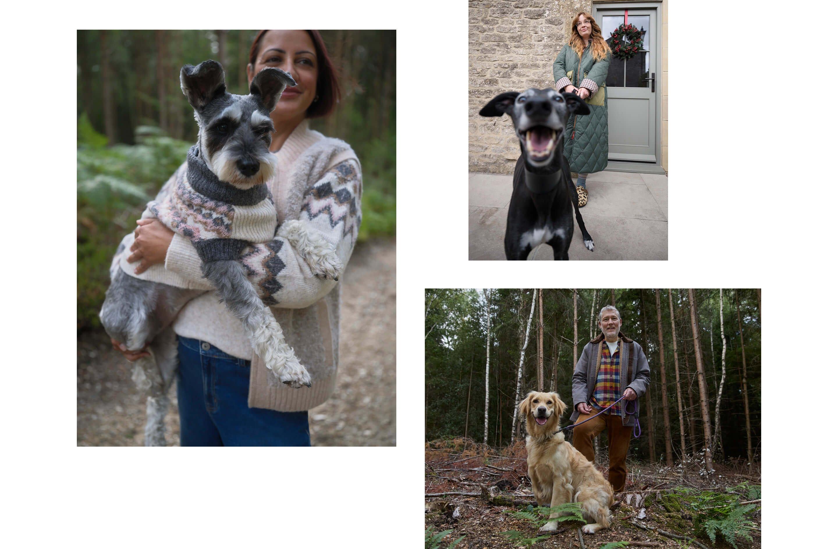 a collage of photos of a woman and her dog in a forest