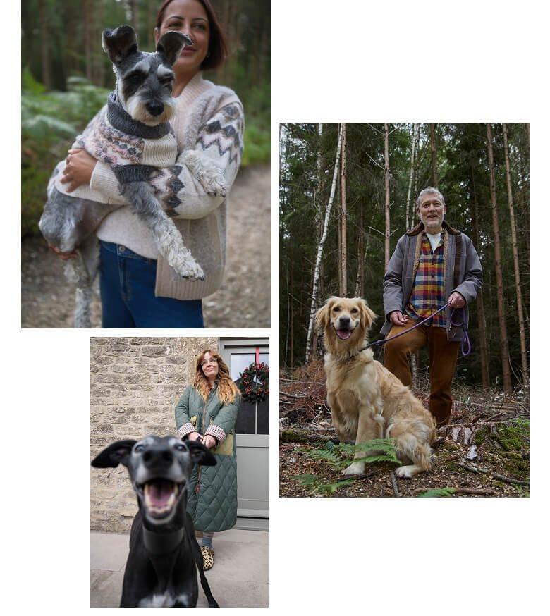 a collage of photos of a woman and her dog in a forest