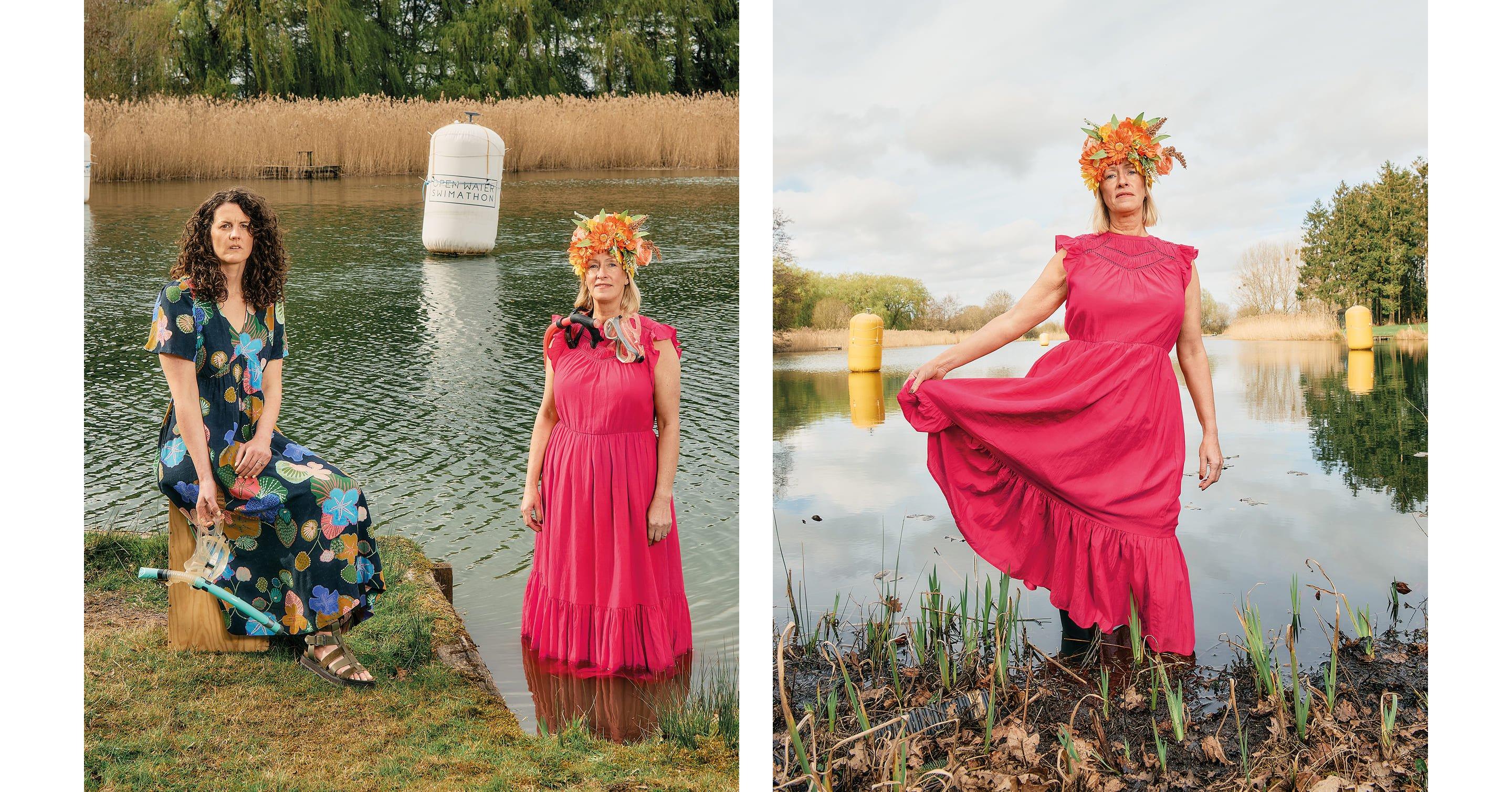 two pictures of women in dresses standing in water