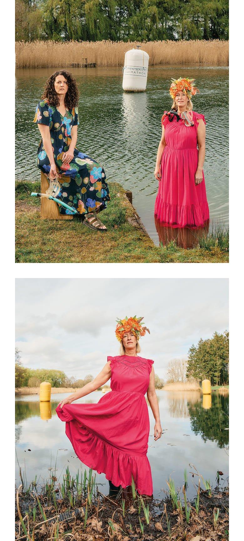 two pictures of women in dresses standing in water