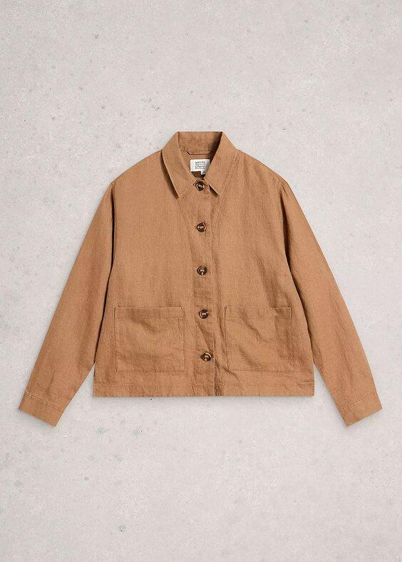 the jacket is made from a brown cotton material