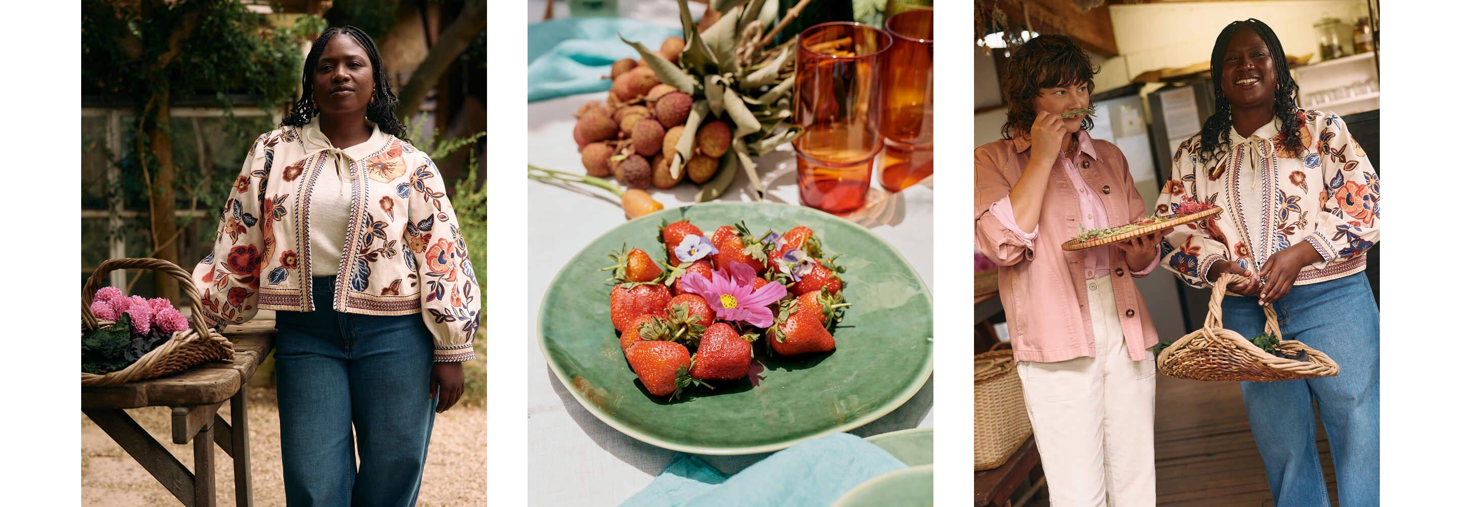 a collage of three pictures of women standing next to food
