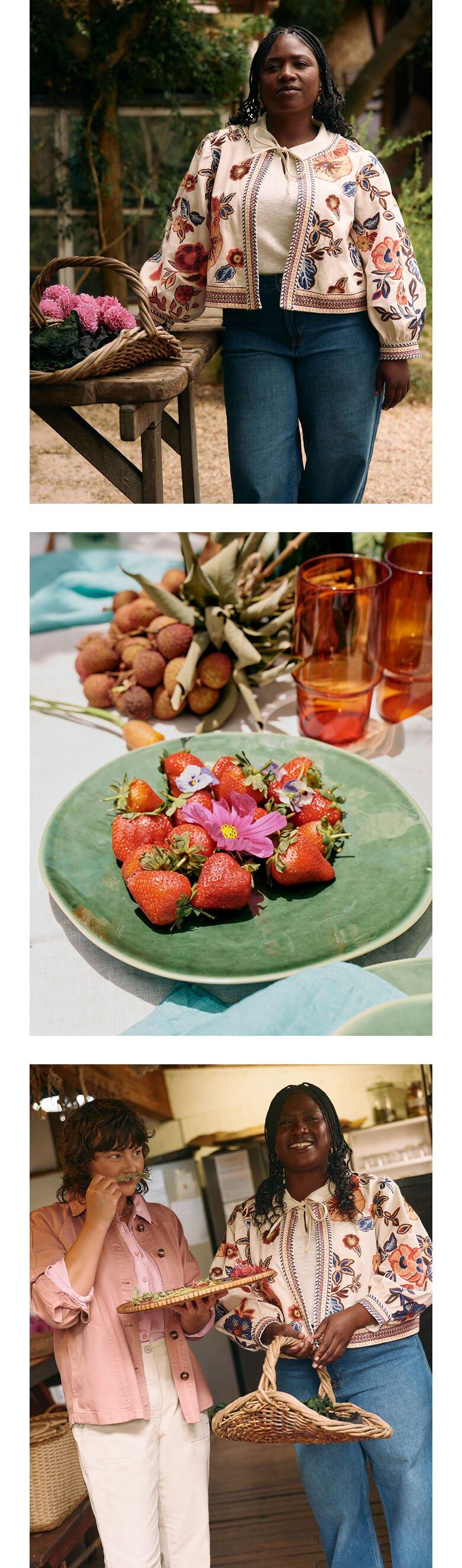 a series of three pictures of a woman standing next to a plate of food