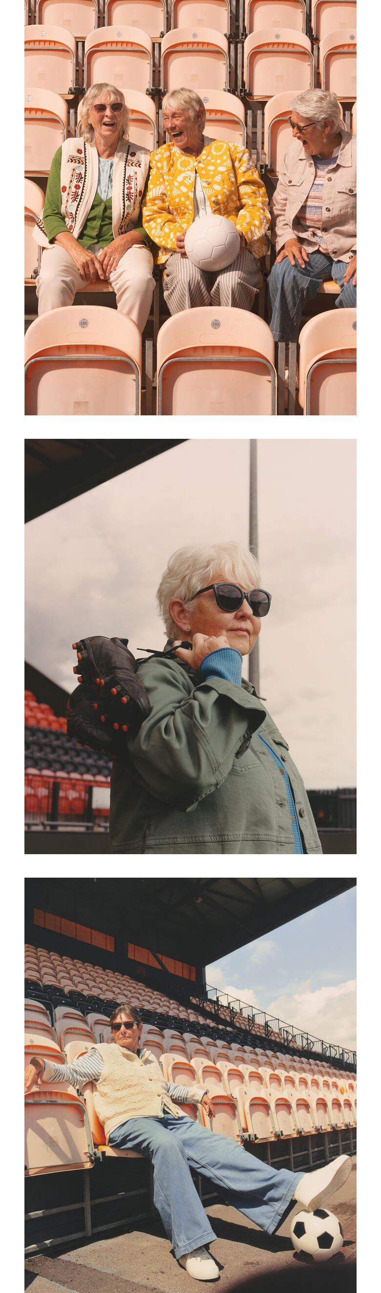 a series of three pictures of people sitting in a stadium