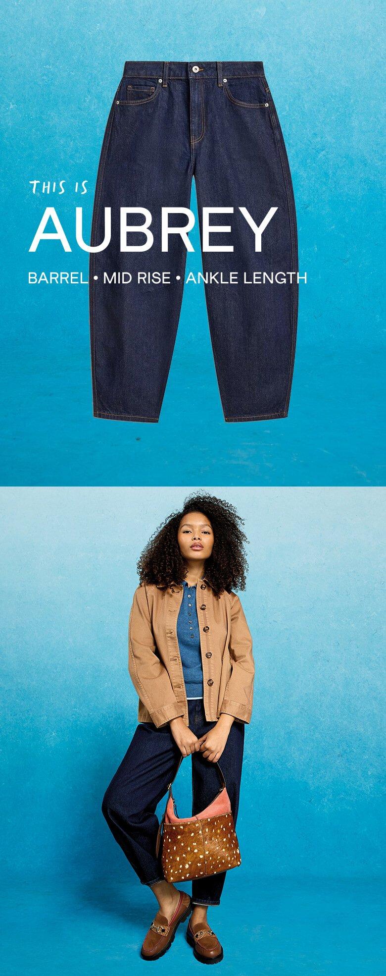 the aubrey jeans are shown in different poses
