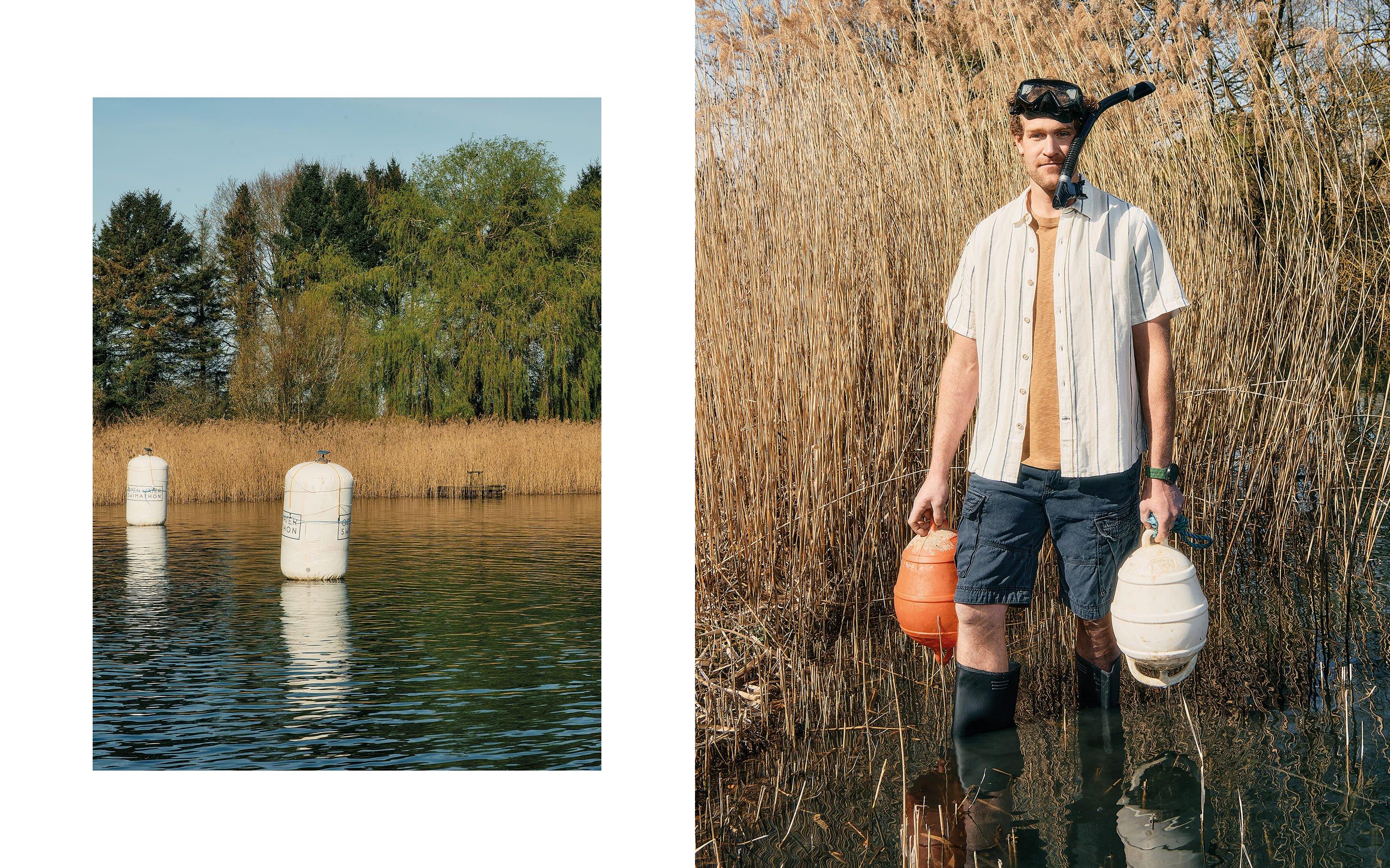 a man in waders holding a water jug and a water canister