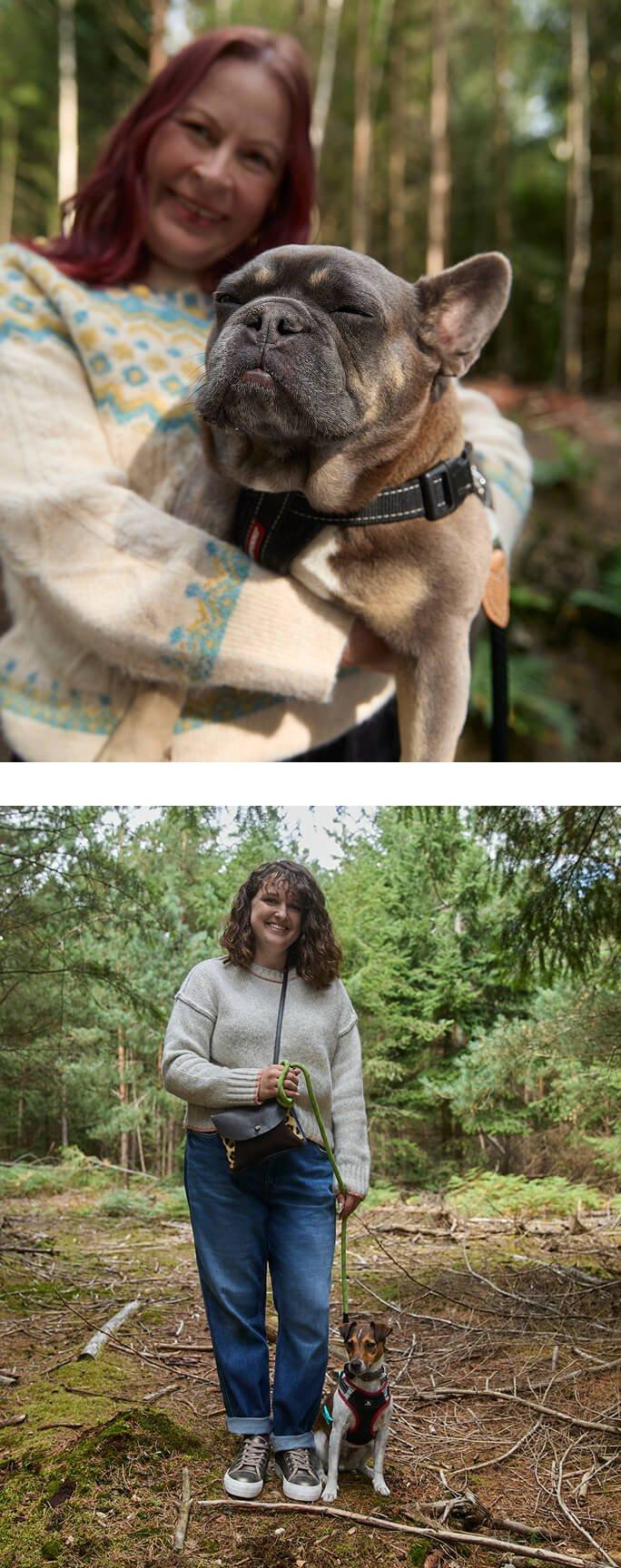 two pictures of a woman and her dog in the woods