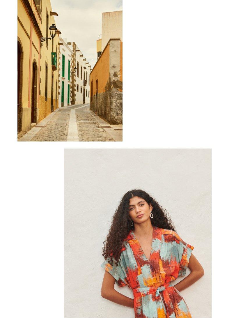 collage of cute street and woman in printed linen dress