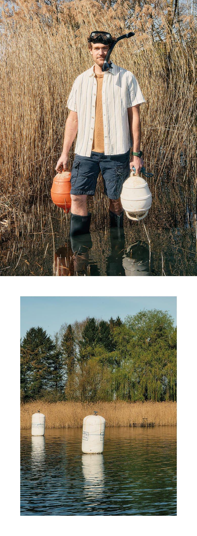 a man standing in water holding a water jug and a fire extinguisher