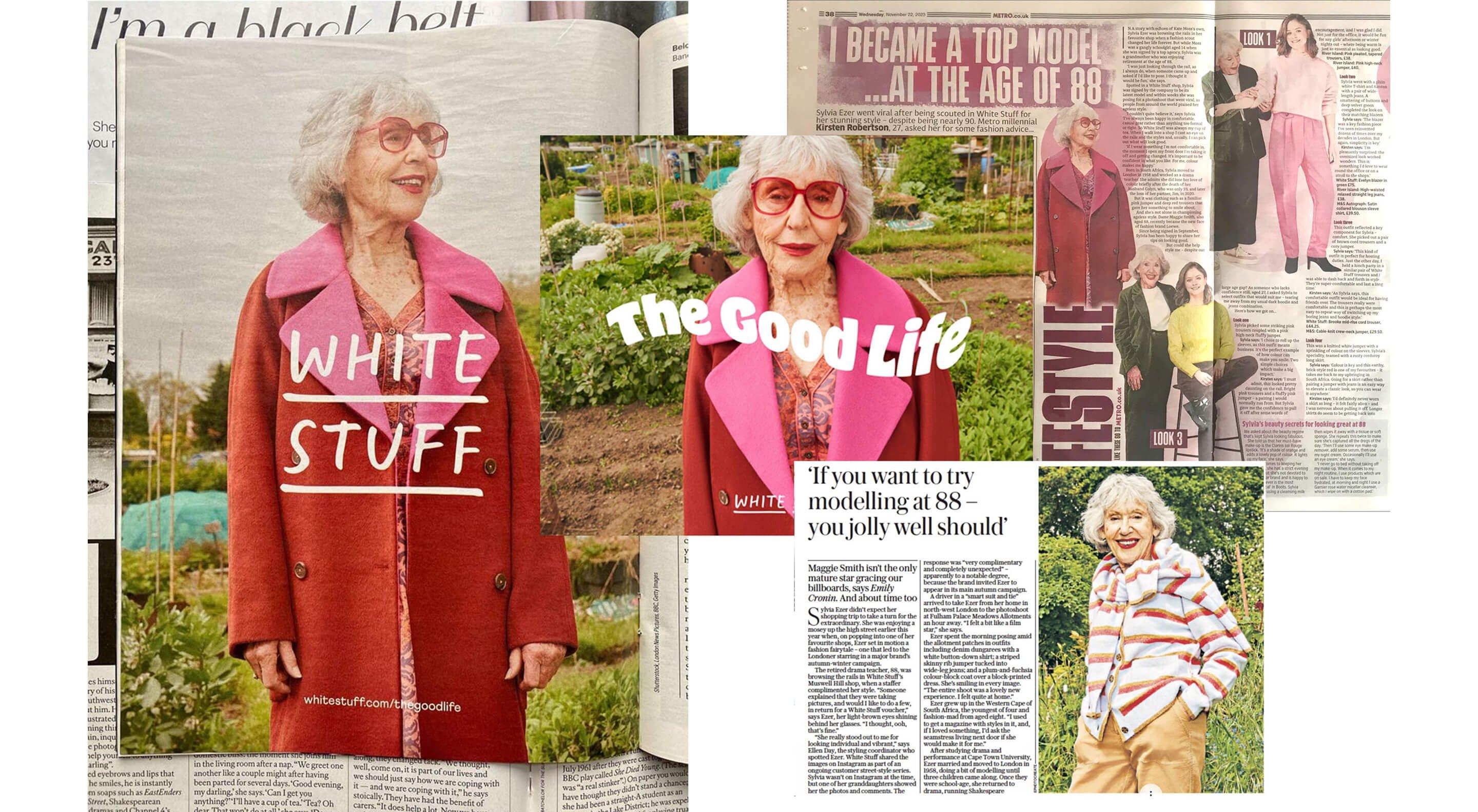 a newspaper article with a picture of a woman in a pink jacket by White Stuff