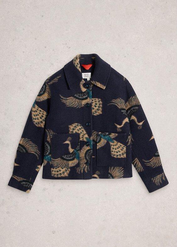 a jacket with a bird print on it
