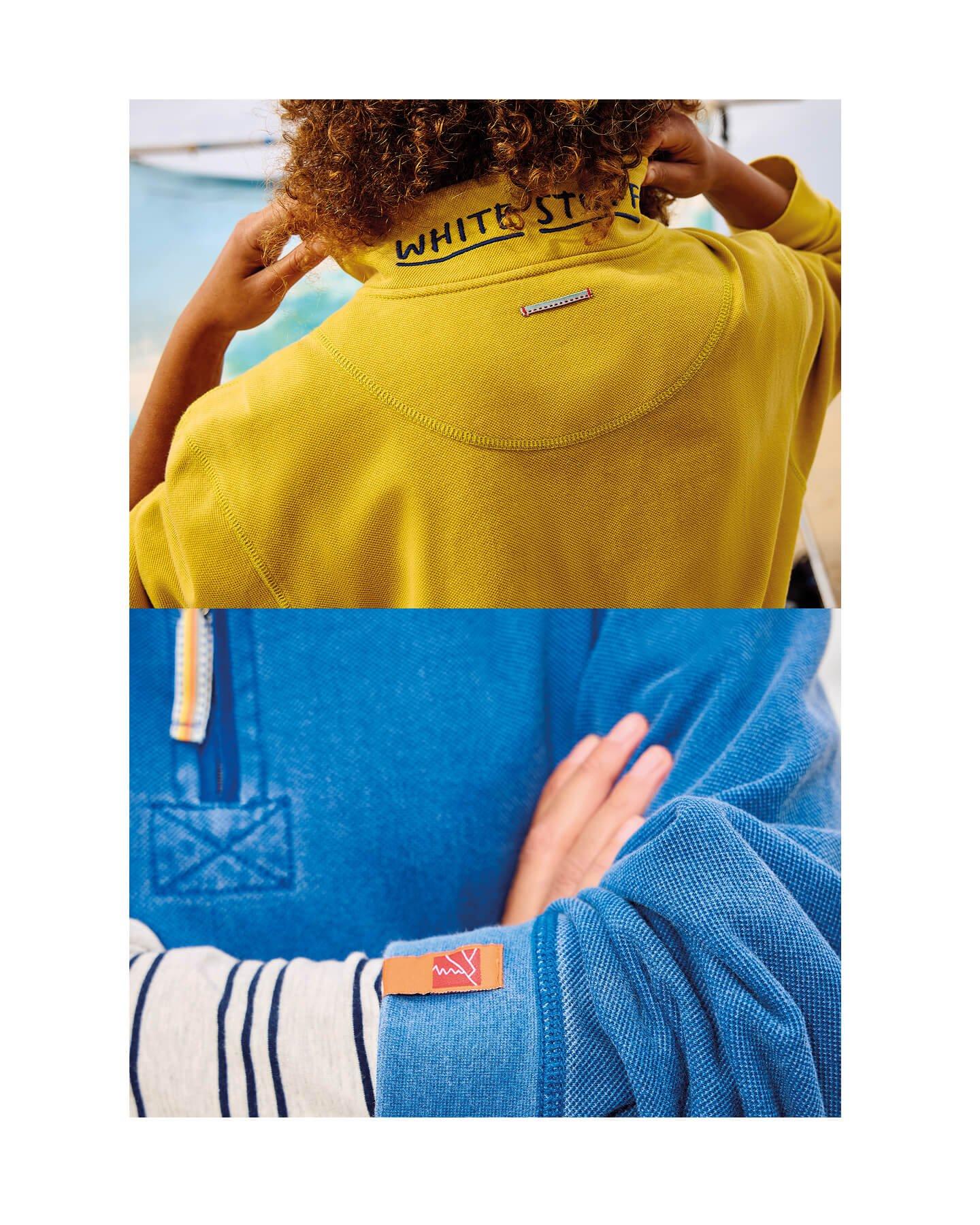 two pictures of a woman wearing a yellow shirt and a man wearing a blue shirt