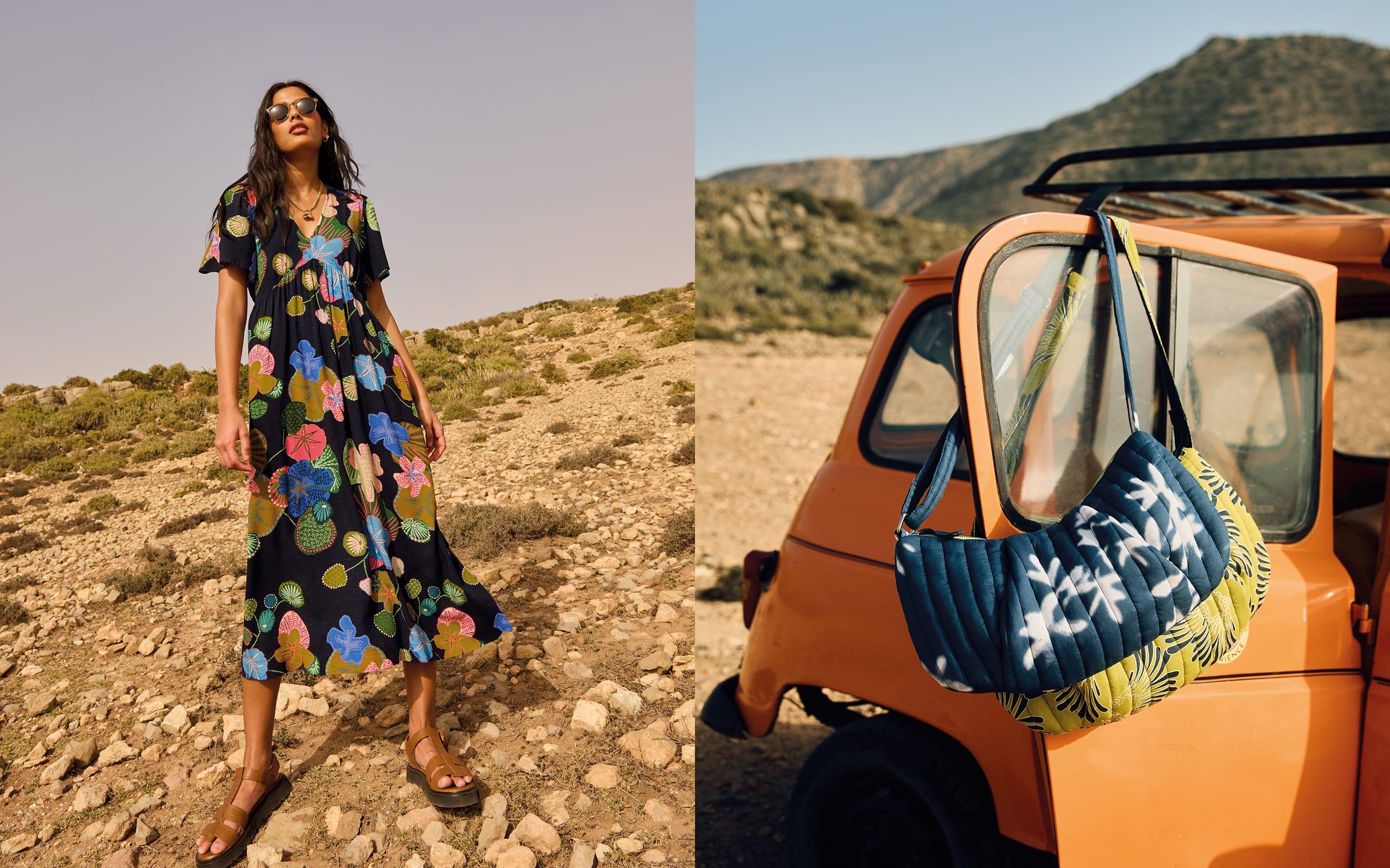 two pictures of a woman in a dress and bags over a car door