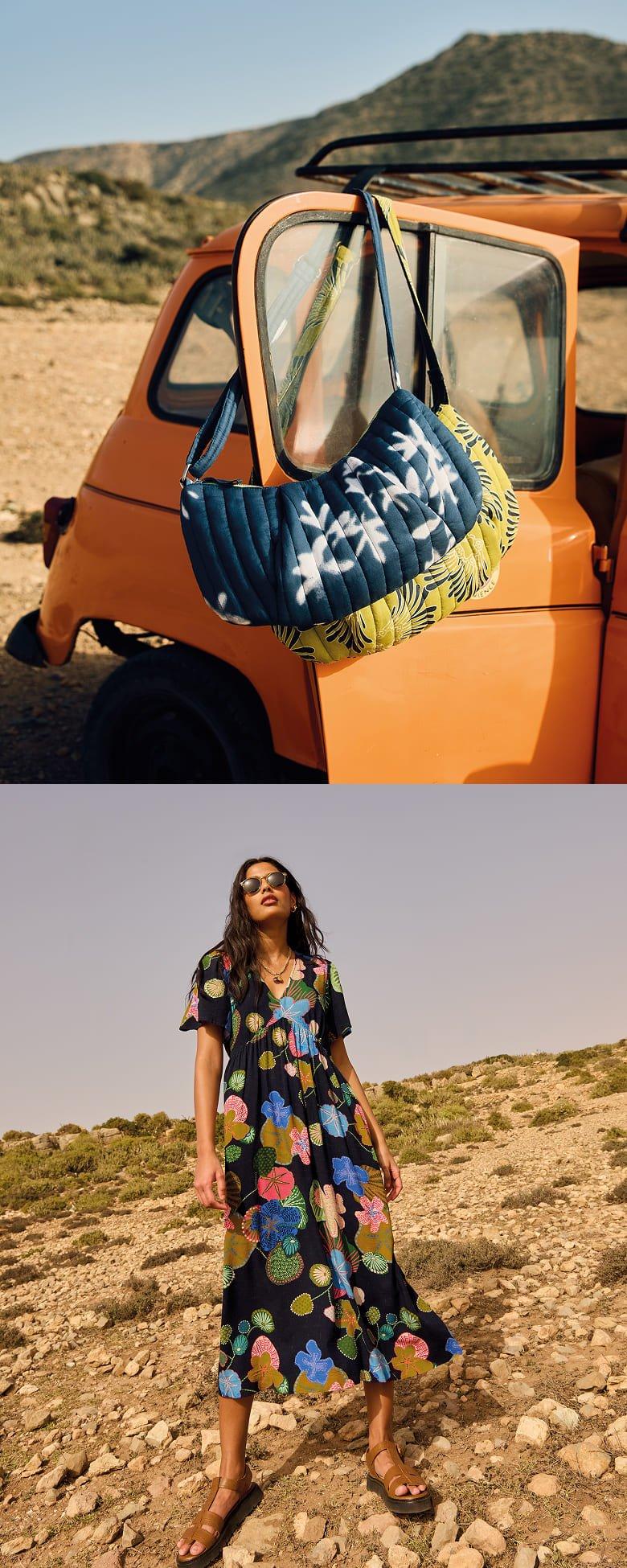two pictures of a woman in a dress and bags over a car door