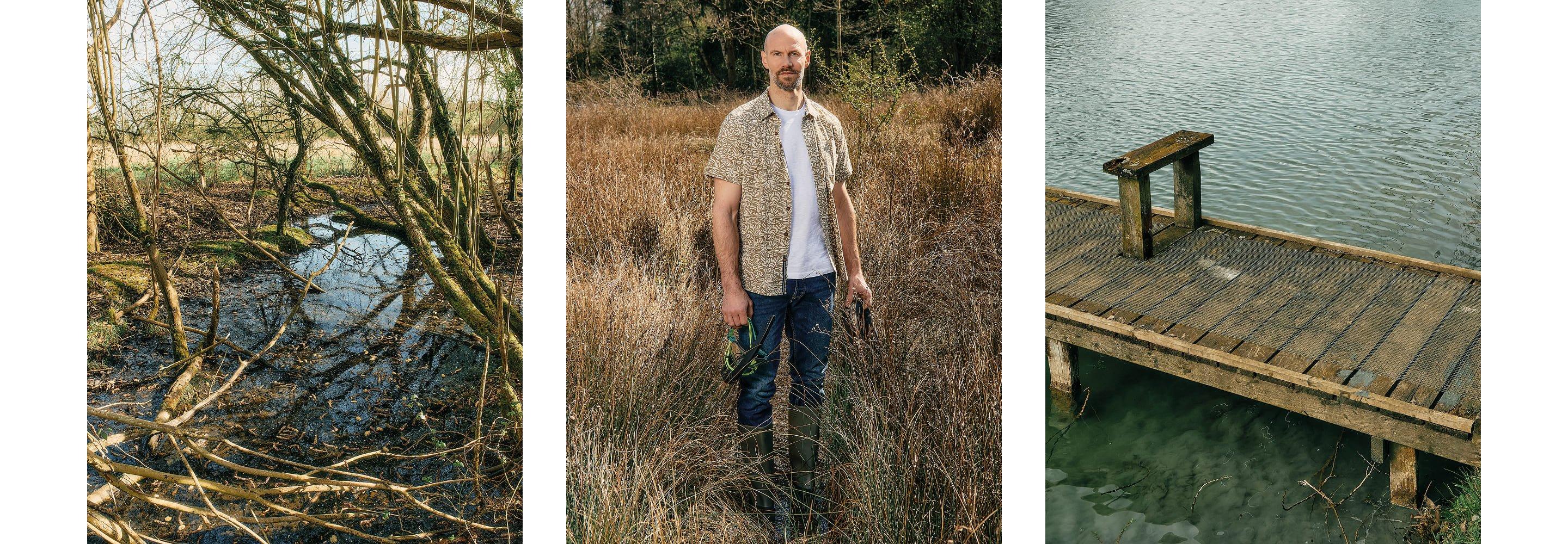a man standing on a wooden dock next to a body of water