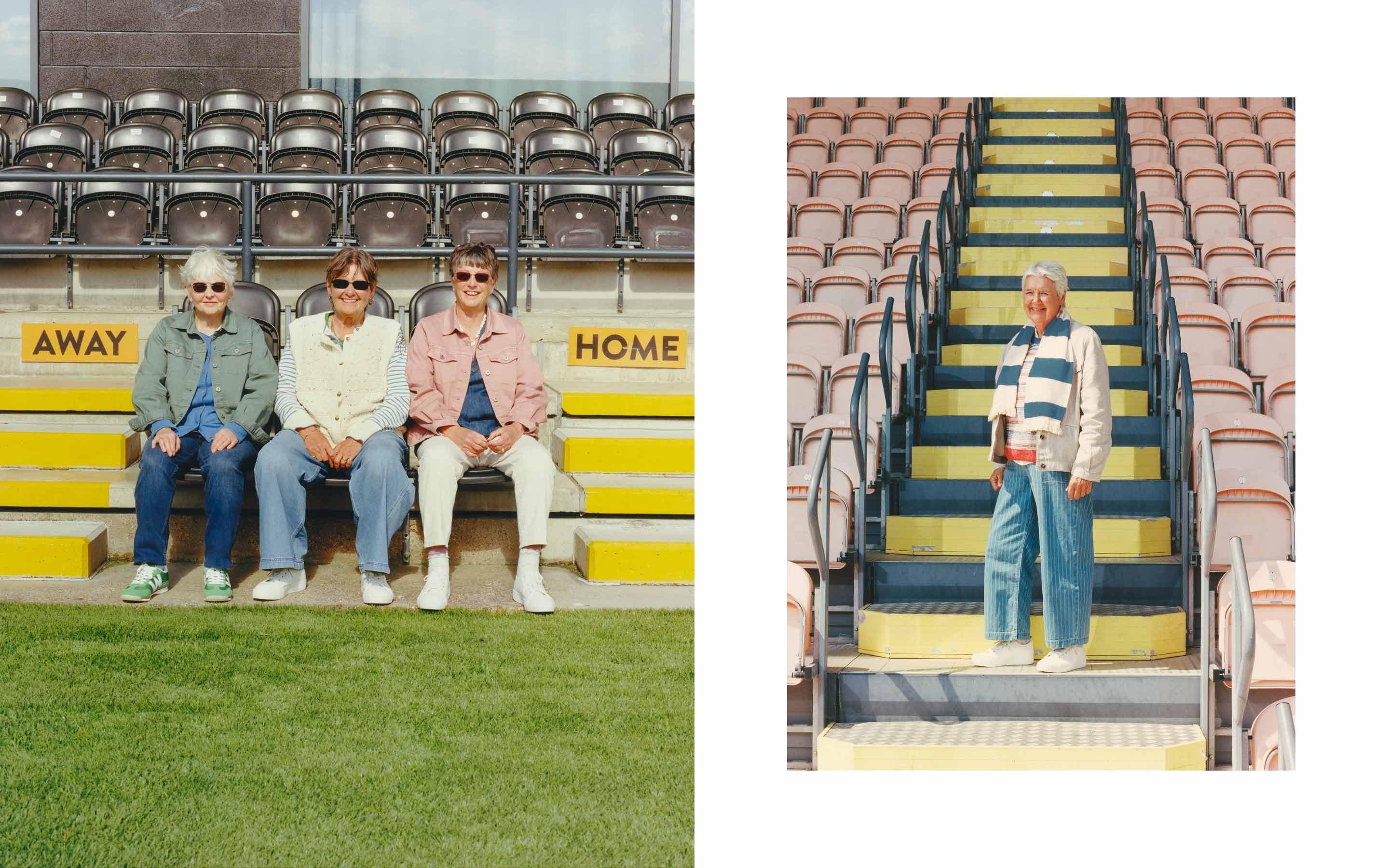 two pictures of people sitting on bleachers
