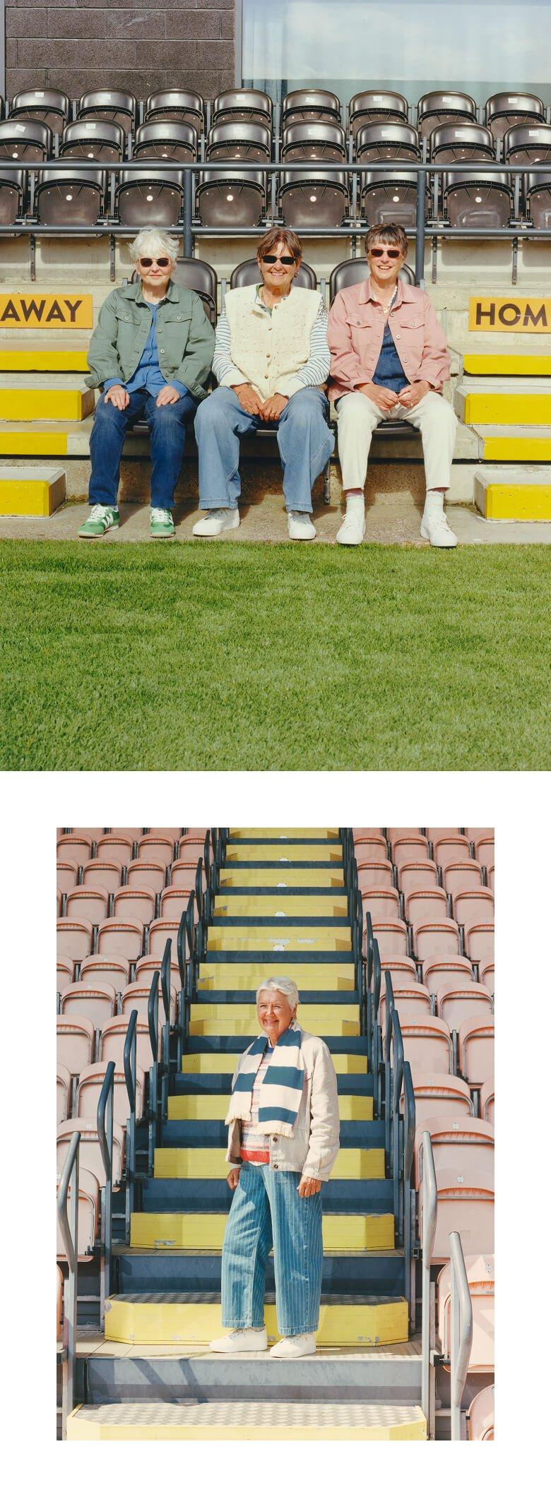 two pictures of people sitting on the steps of a stadium