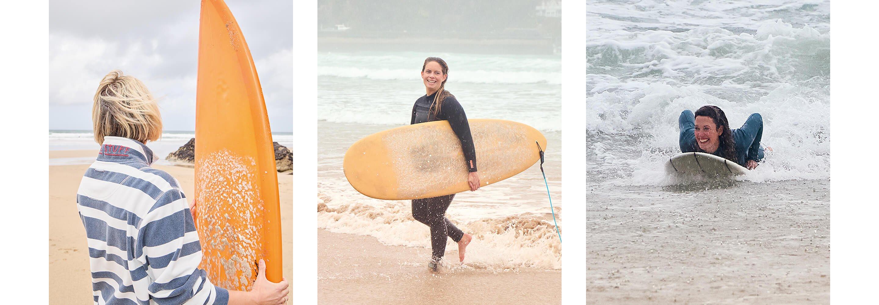 3 images of surfers