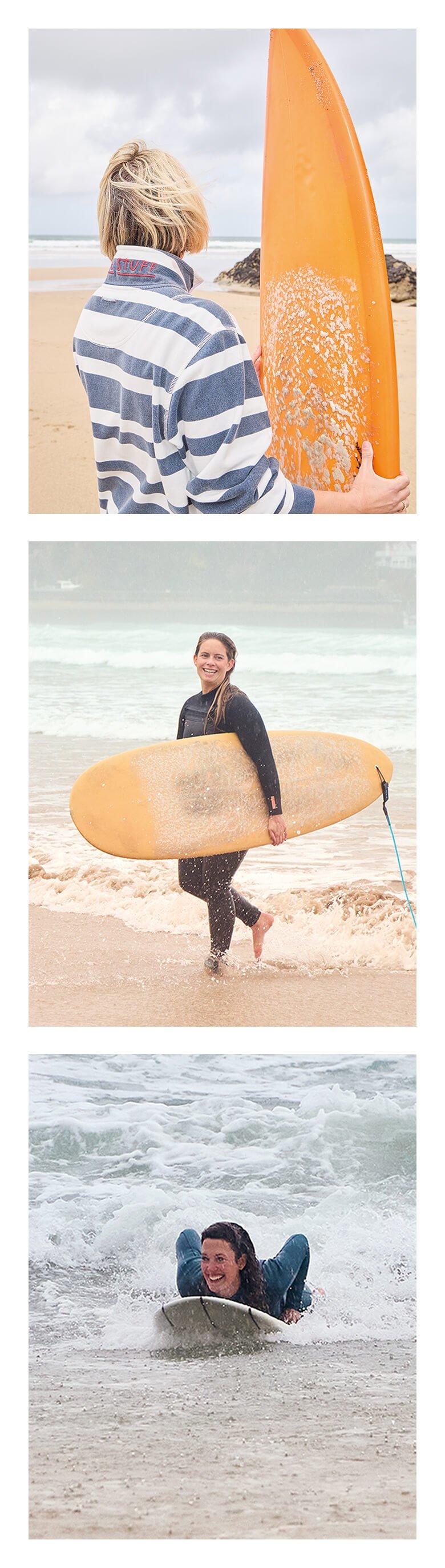 3 images of surfers