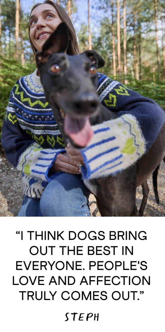 a woman with a dog is sitting on a bench with a quote