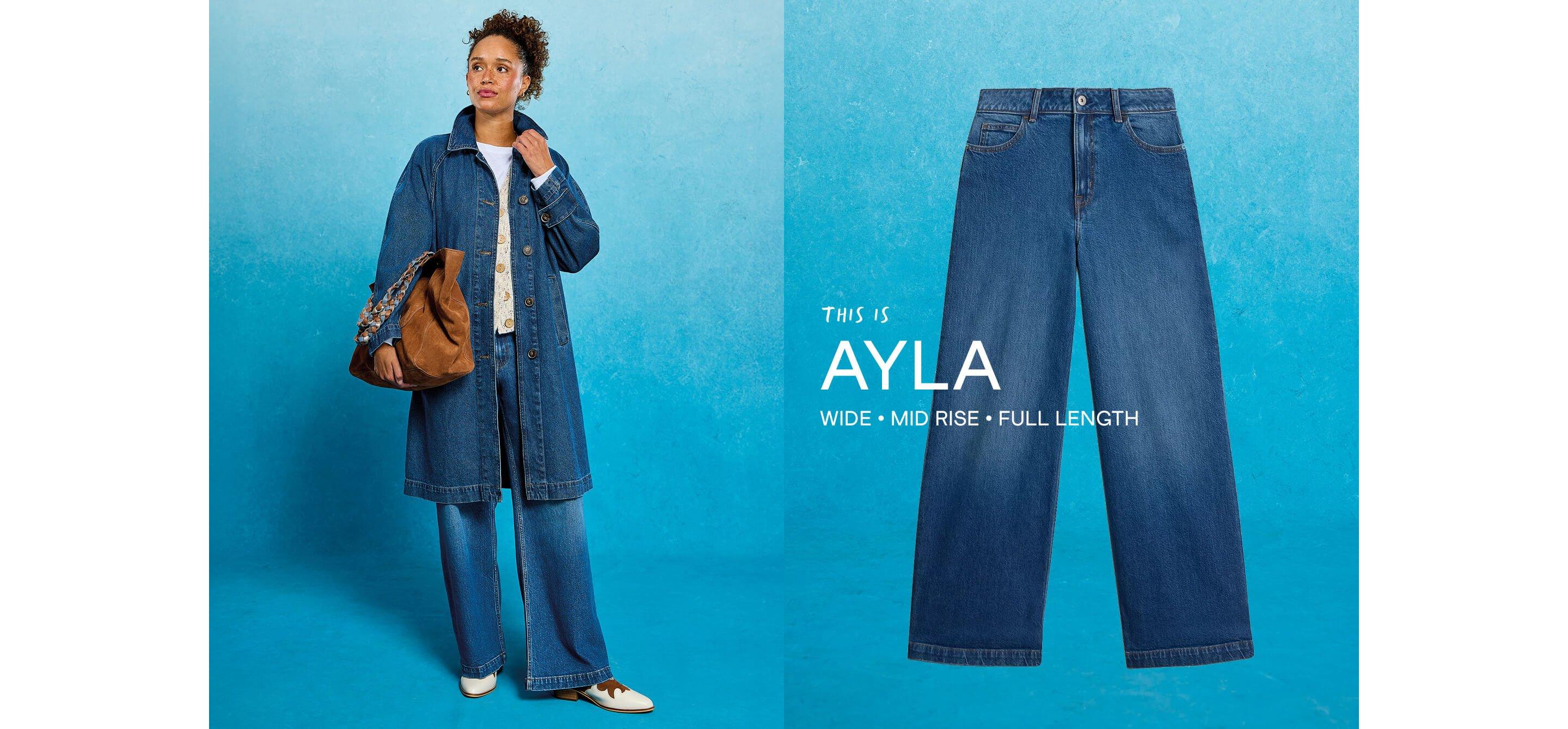 a woman in a blue coat and blue jeans