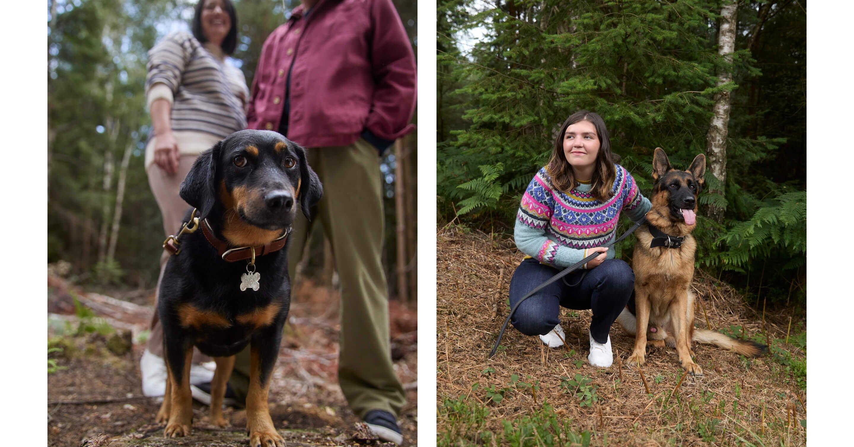 two pictures of a couple of pictures of a couple of people with dogs