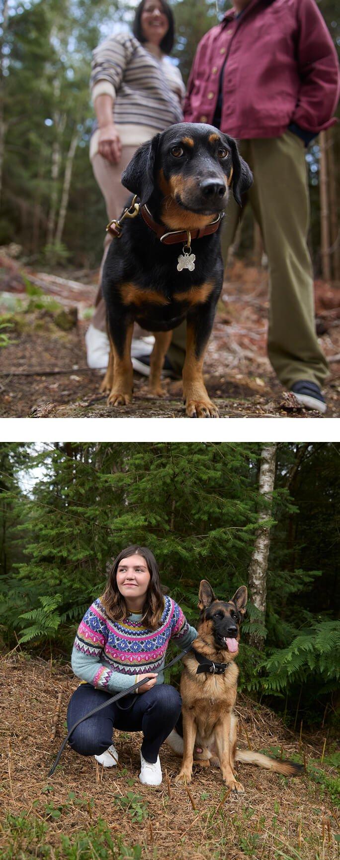 two pictures of a couple of people and a dog in the woods
