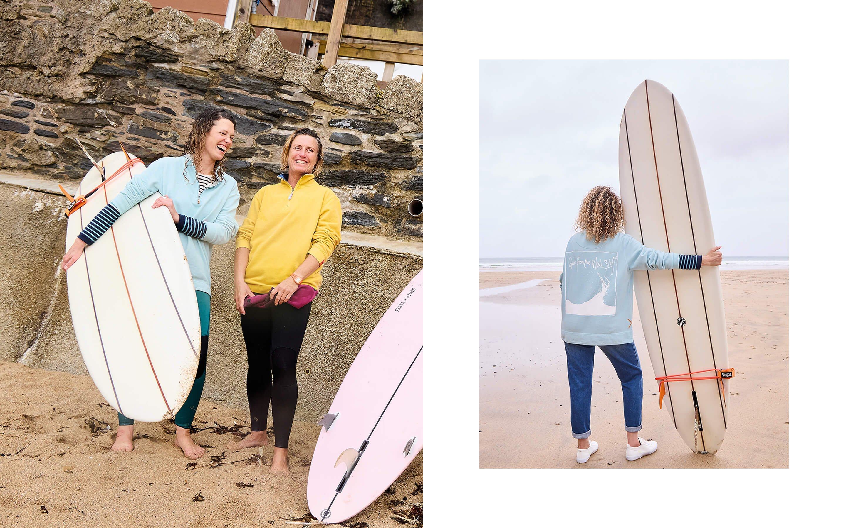 two images of women surfers