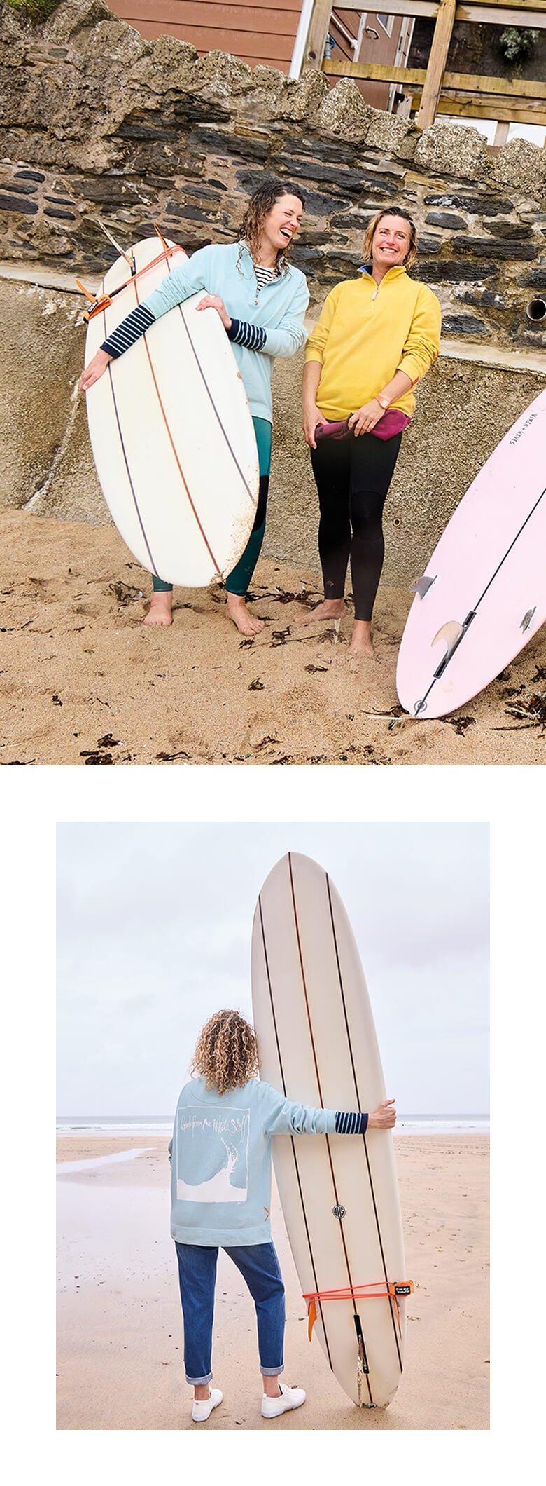 two images of women surfers