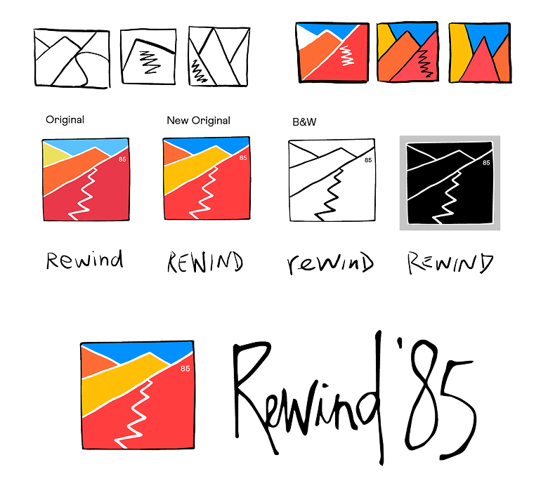 rewind 85 logo and illustrations
