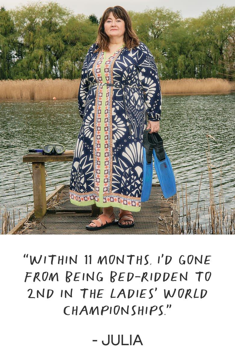 a woman standing on a dock with a quote on it
