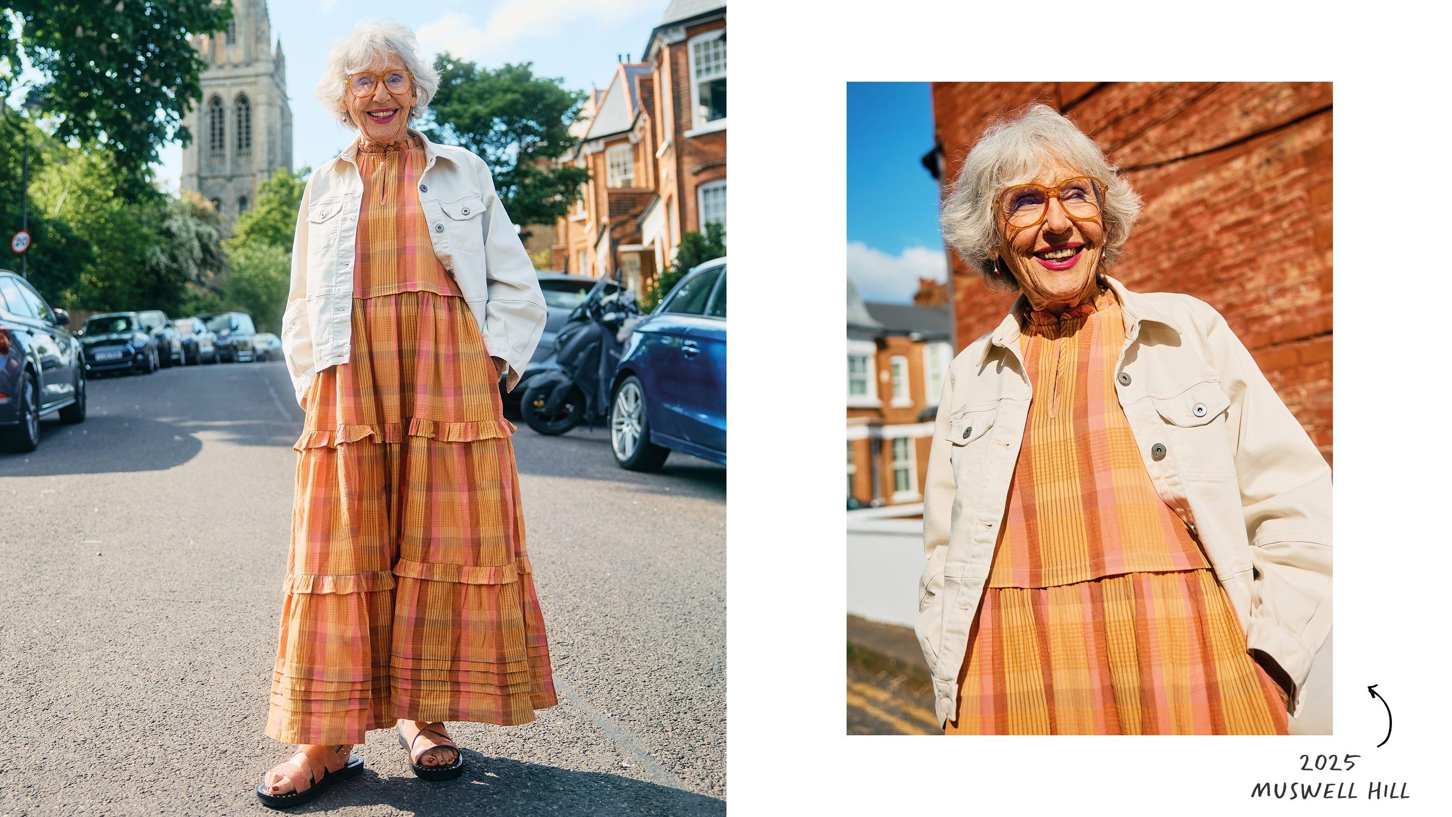 an older woman in a yellow White Stuff dress and jacket standing on a street