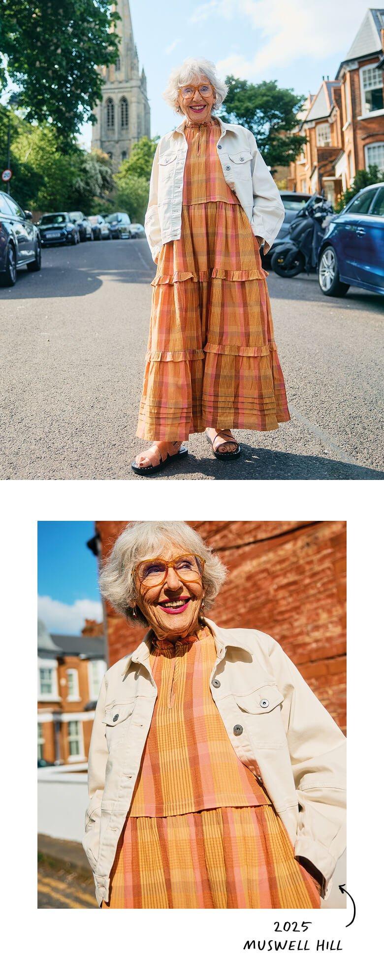 an older woman in a yellow White Stuff dress and jacket standing on a street