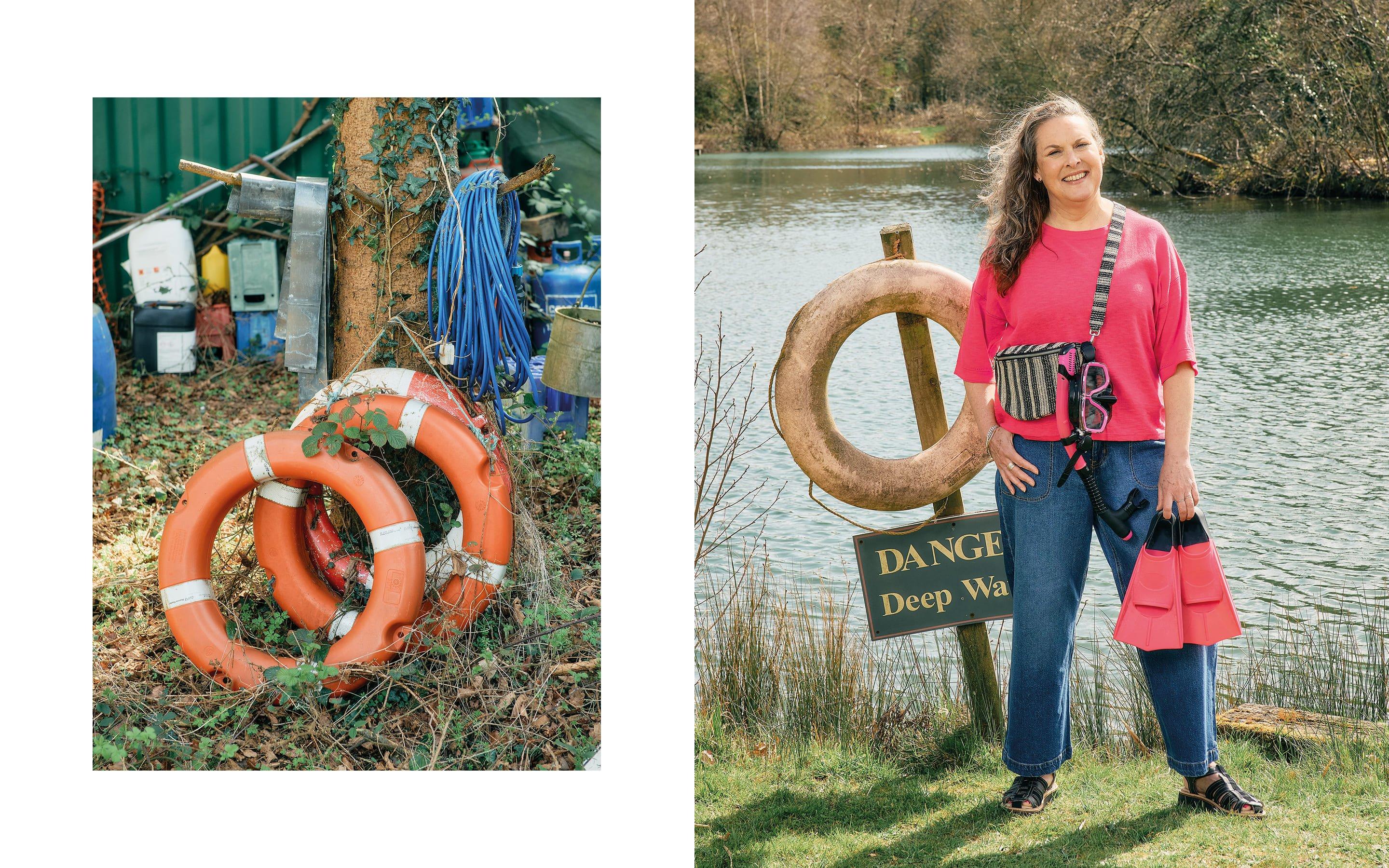 two pictures of a woman standing next to a lake with life preservers