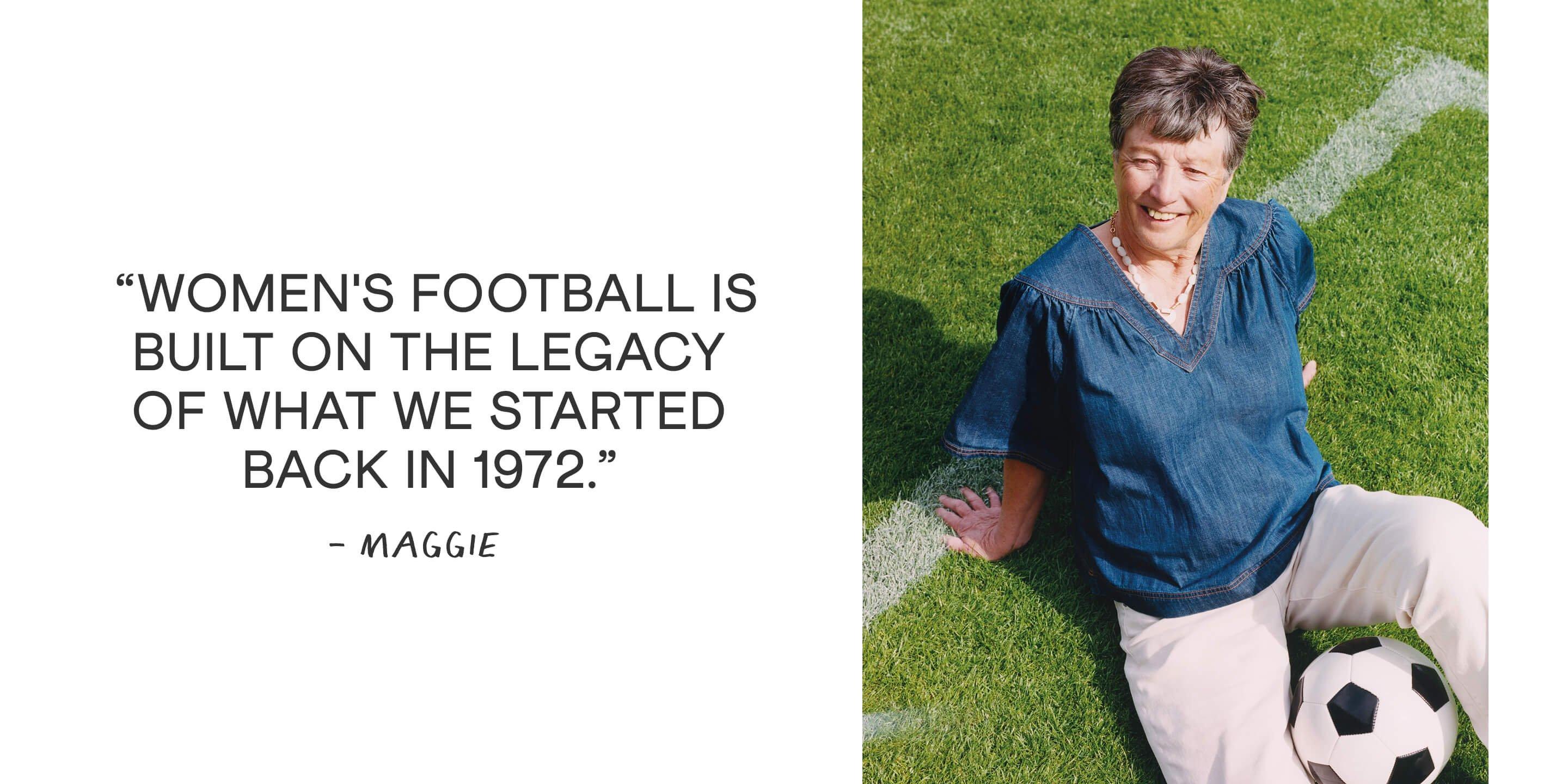 a woman sitting on a football pitch with a ball and a quote 