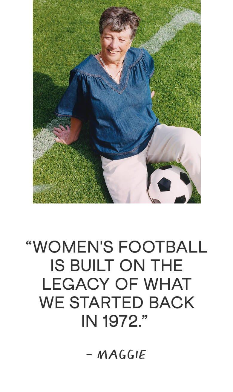 a woman sitting on a football pitch with a ball and a quote 