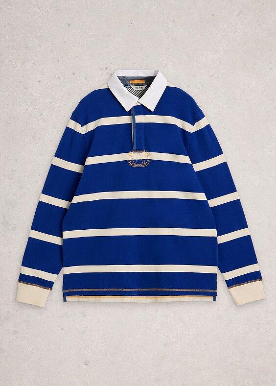 a blue and white striped rugby shirt