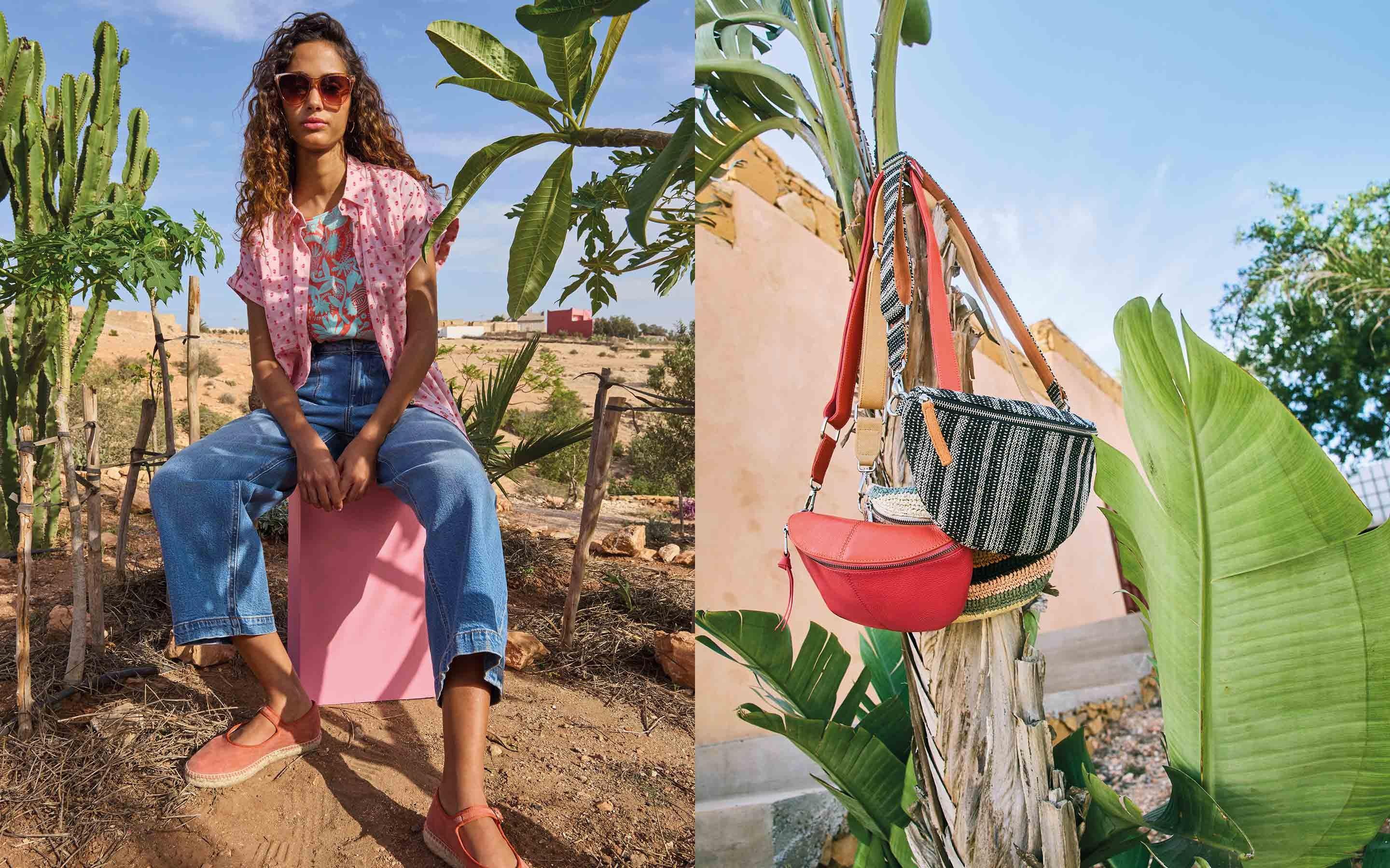 two pictures of a woman IN JEANS sitting on a chair and a bag on a tree