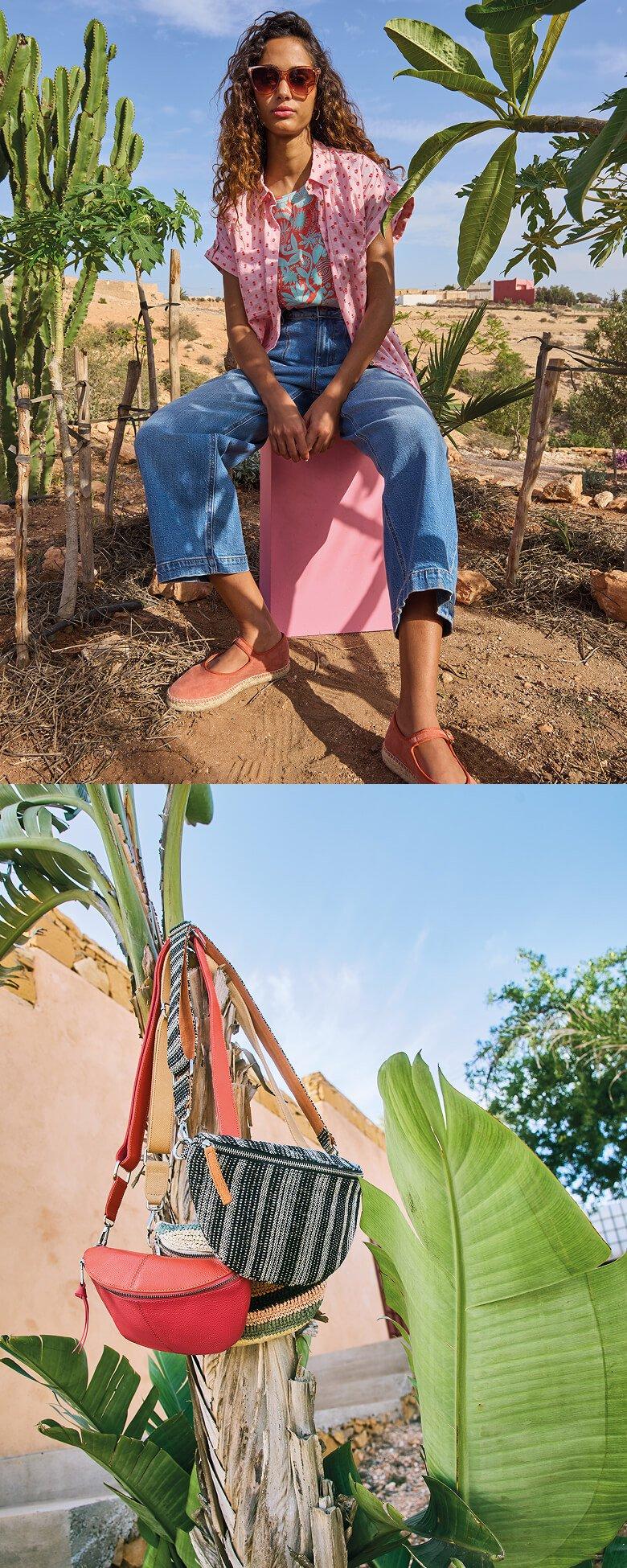two pictures of a woman IN JEANS sitting on a chair and a bag on a tree