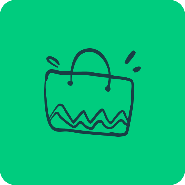 a green square with a hand drawn bag icon on it