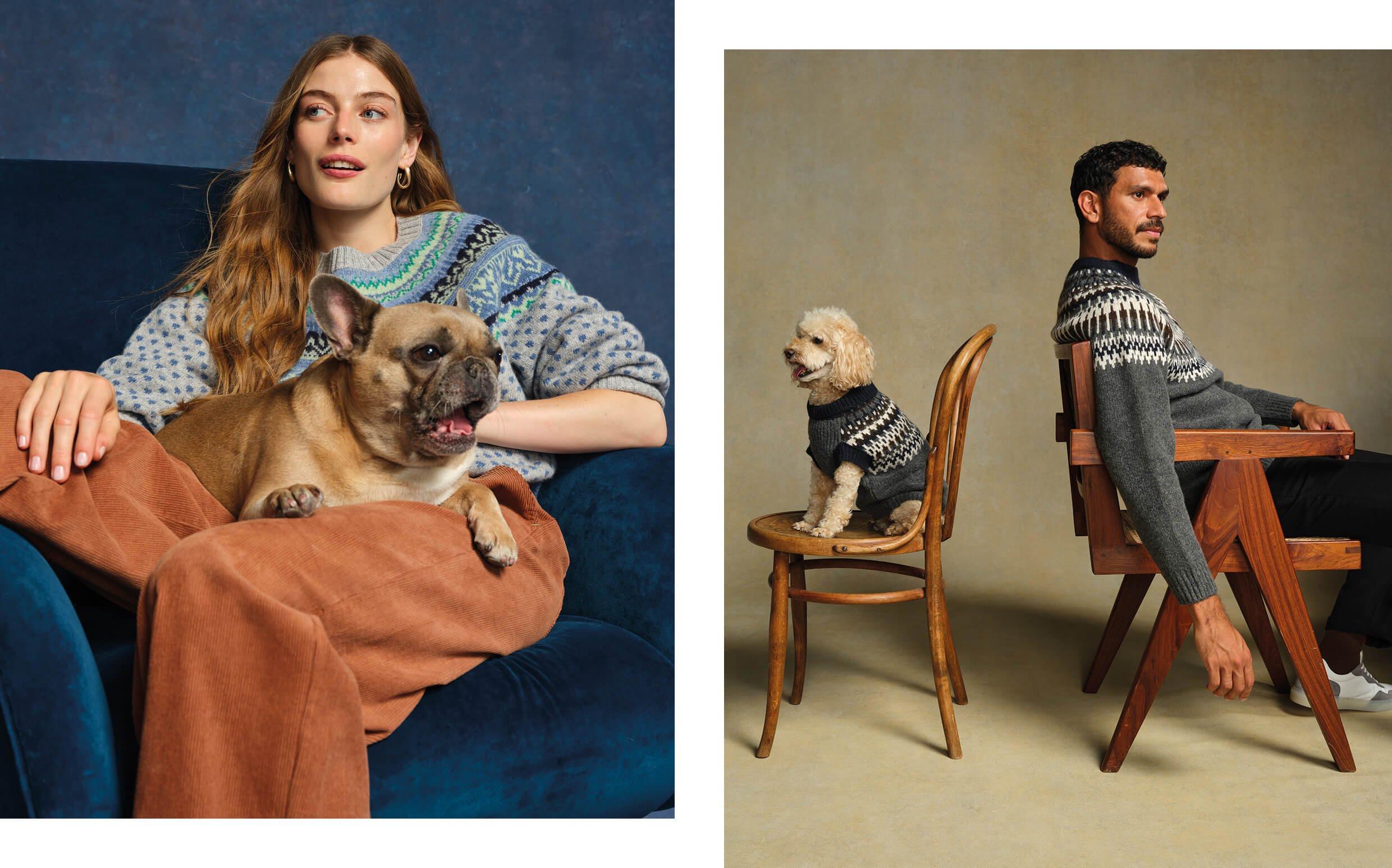 two pictures of a man and woman sitting on a chair with a dog