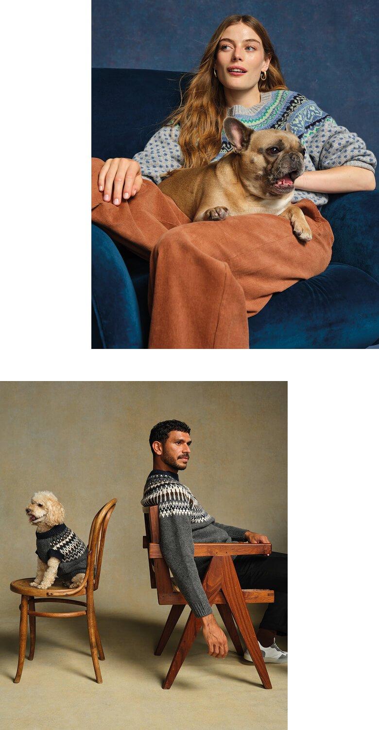 two pictures of a man and a woman sitting on a chair with a dog
