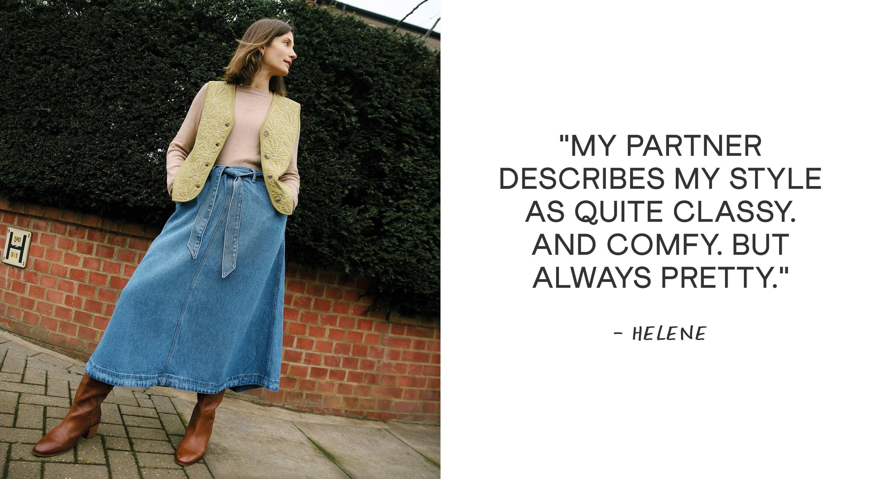 a woman in a skirt and boots standing next to a quote